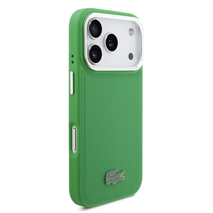 Apple iPhone 17 Pro Kılıf Lacoste Orjinal Lisanslı M-safe Şarj Özellikli PU Pike Desenli Standlı Metal Logolu Kapak Siyah