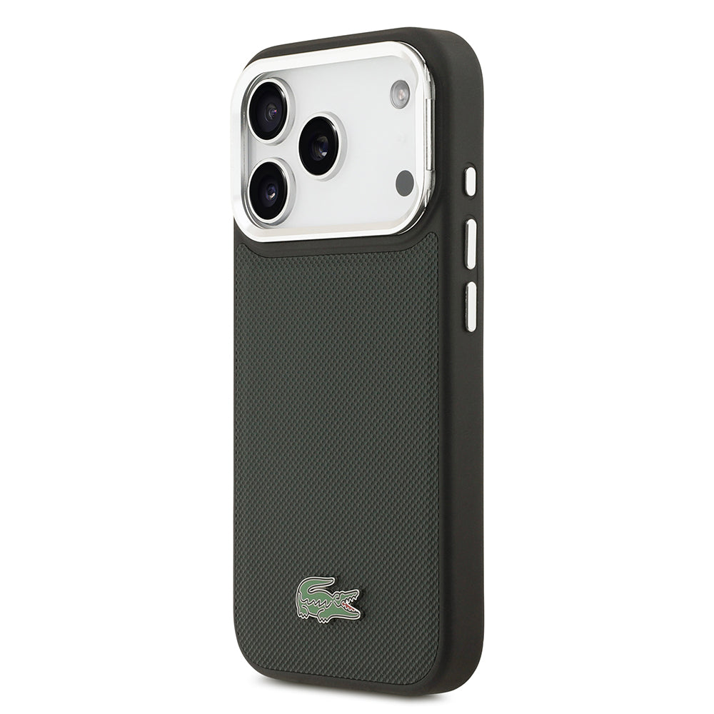 Apple iPhone 17 Pro Kılıf Lacoste Orjinal Lisanslı M-safe Şarj Özellikli PU Pike Desenli Standlı Metal Logolu Kapak Siyah