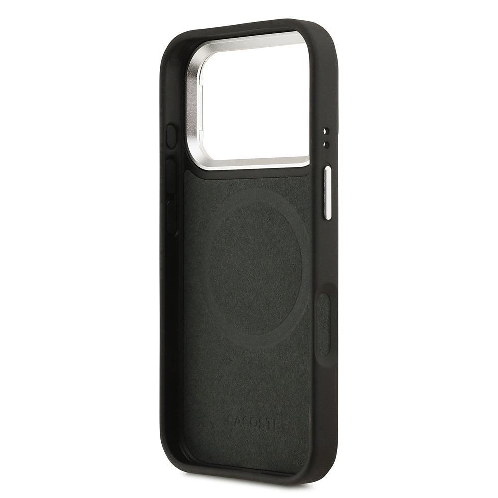 Apple iPhone 17 Pro Kılıf Lacoste Orjinal Lisanslı M-safe Şarj Özellikli PU Pike Desenli Standlı Metal Logolu Kapak Siyah