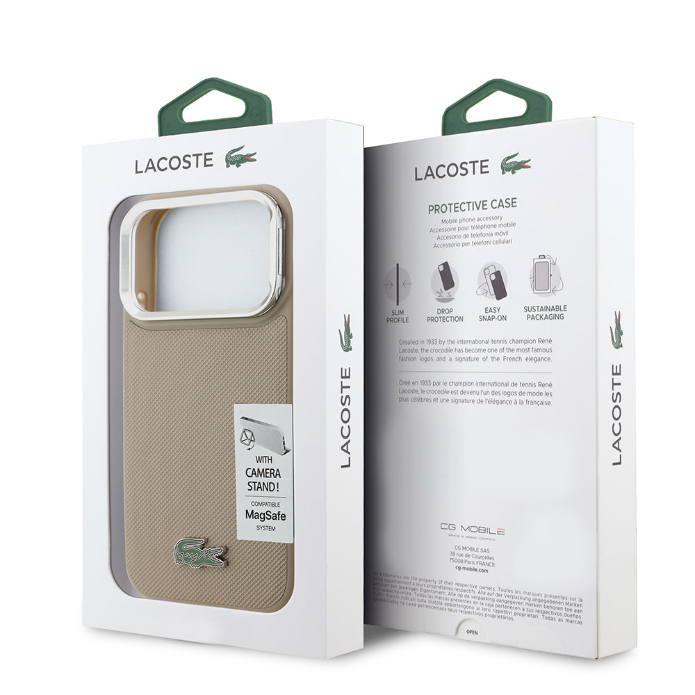 Apple iPhone 17 Pro Kılıf Lacoste Orjinal Lisanslı M-safe Şarj Özellikli PU Pike Desenli Standlı Metal Logolu Kapak Siyah