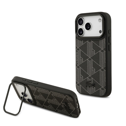 Apple iPhone 17 Pro Kılıf Lacoste Orjinal Lisanslı M-safe Şarj Özellikli Standlı PU Deri Karışık Monogram Desenli Kapak Yeşil