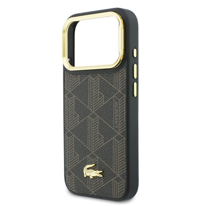 Apple iPhone 17 Pro Kılıf Lacoste Orjinal Lisanslı M-safe Şarj Özellikli Standlı PU Deri Karışık Monogram Desenli Kapak