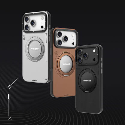 Apple iPhone 17 Pro Kılıf M-safe Şarj Özellikli 360 Derece Standlı Basit Mat Deri Desenli Youngkit Tech Leather Serisi Kapak Gri