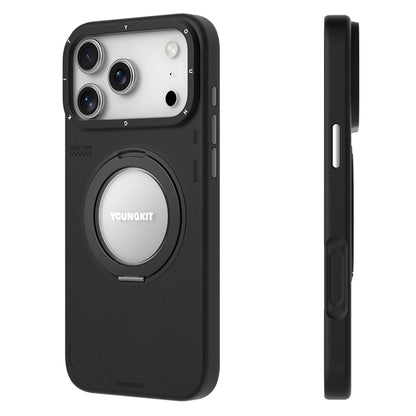 Apple iPhone 17 Pro Kılıf M-safe Şarj Özellikli 360 Derece Standlı Basit Mat Deri Desenli Youngkit Tech Leather Serisi Kapak Gri