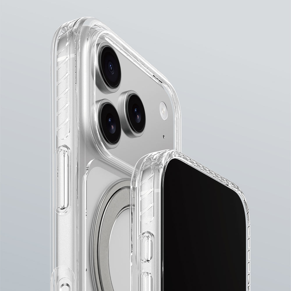 Apple iPhone 17 Pro Kılıf M-Safe Şarj Özellikli Airbag Tasarımlı Standlı AmazingThing Titan Pro MagSpin Kapak Şeffaf