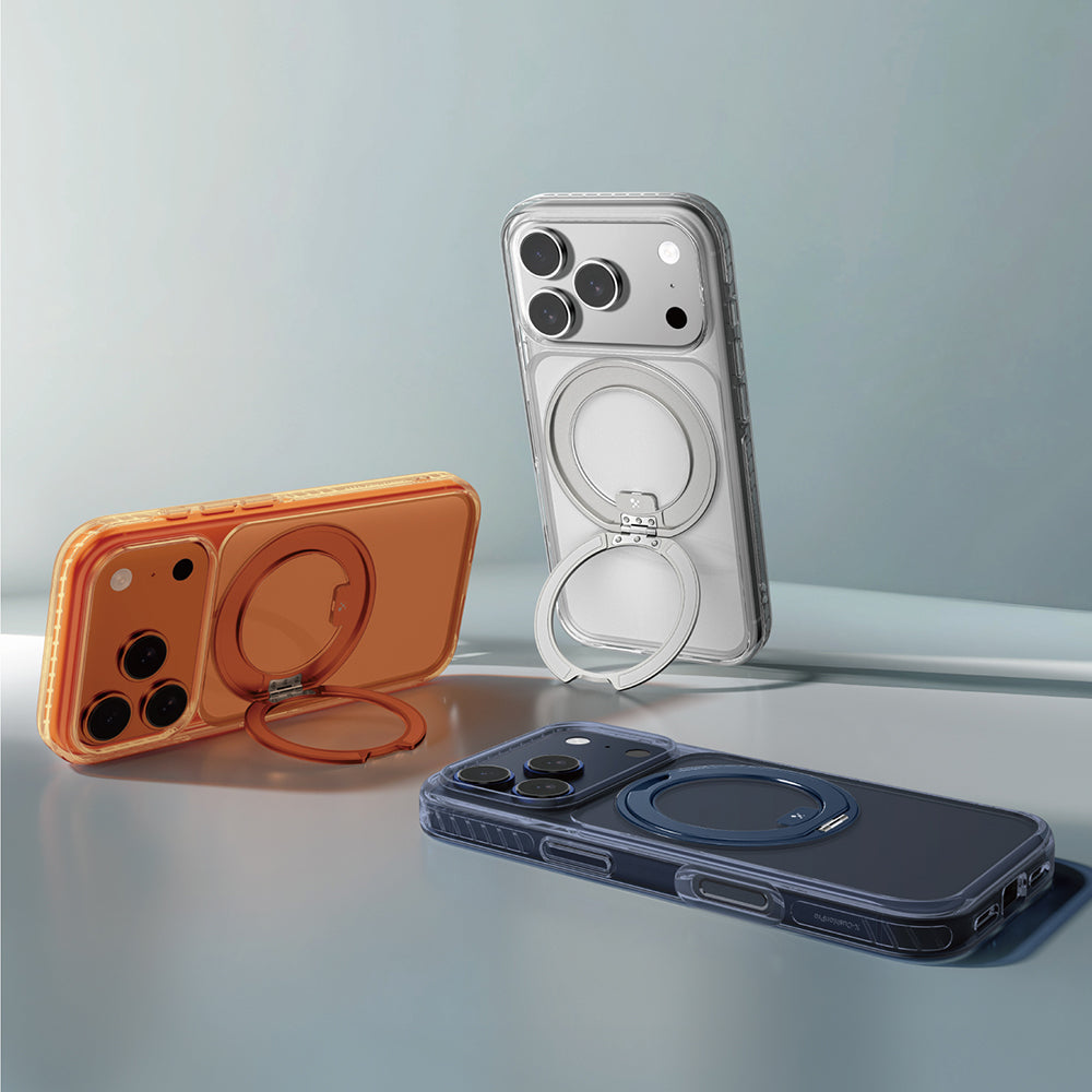 Apple iPhone 17 Pro Kılıf M-Safe Şarj Özellikli Airbag Tasarımlı Standlı AmazingThing Titan Pro MagSpin Kapak Mavi