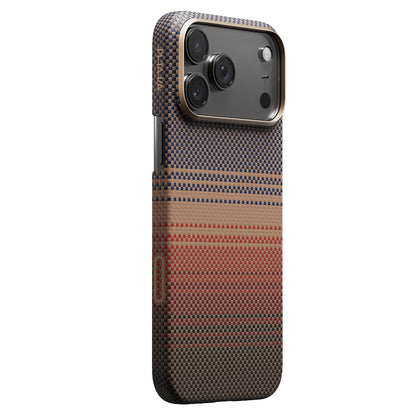 Apple iPhone 17 Pro Kılıf M-safe Şarj Özellikli Aramid Fiber Pitaka Tactile Woven Sunset-Moonrise Serisi Kapak Kahverengi