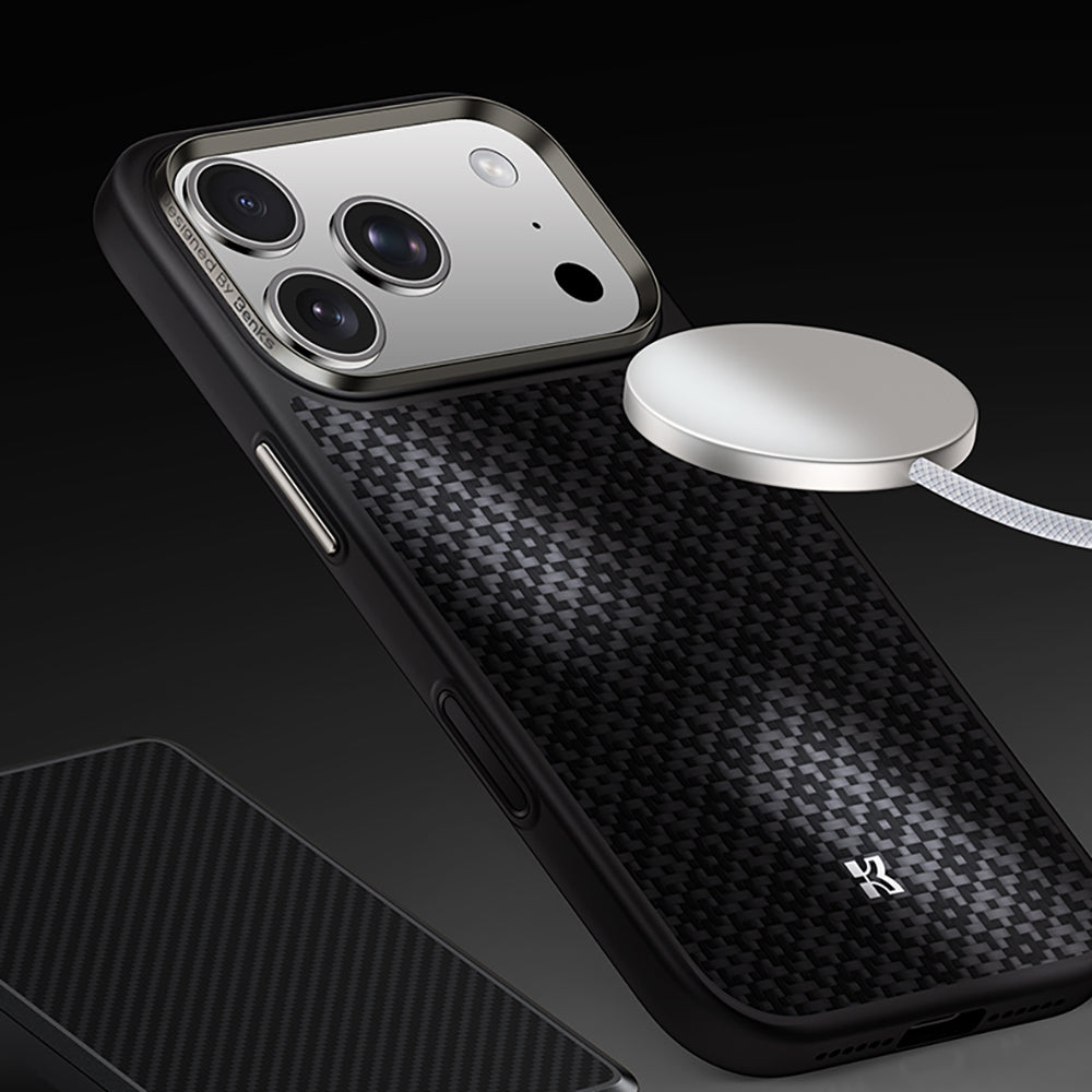 Apple iPhone 17 Pro Kılıf M-Safe Şarj Özellikli Benks ArmorPro ArmorGrid Serisi Kevlar Kapak Siyah