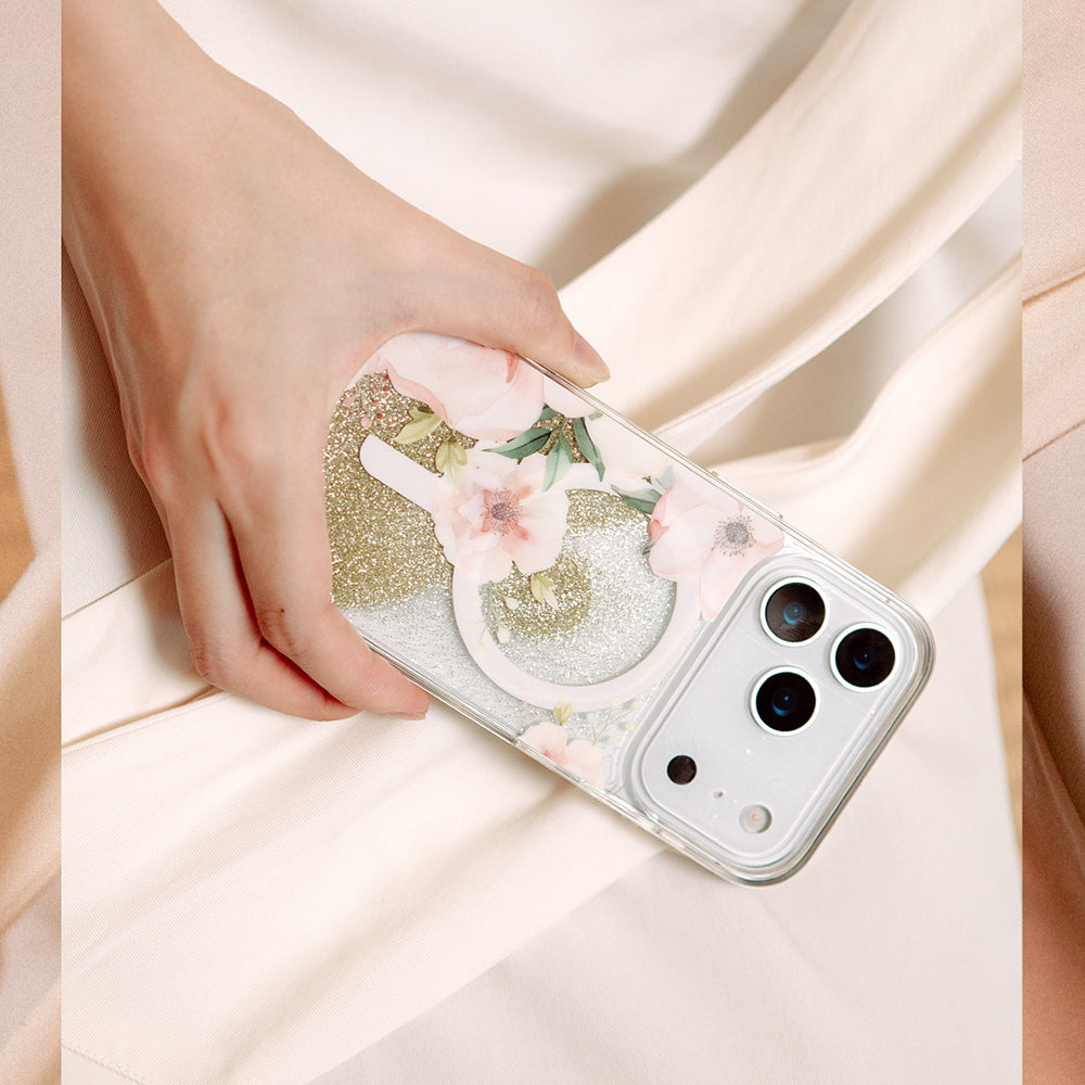 Apple iPhone 17 Pro Kılıf M-safe Şarj Özellikli Çiçek Desenli Simli Arka Yüzey Coehl Fleurette Kapak Gold