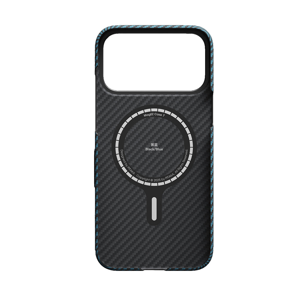 Apple iPhone 17 Pro Kılıf M-Safe Şarj Özellikli Kamera Kontrol Butonlu Aramid Fiber Pitaka Ultra-Slim Kapak Siyah-Mavi