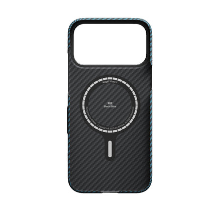 Apple iPhone 17 Pro Kılıf M-Safe Şarj Özellikli Kamera Kontrol Butonlu Aramid Fiber Pitaka Ultra-Slim Kapak Siyah-Mavi