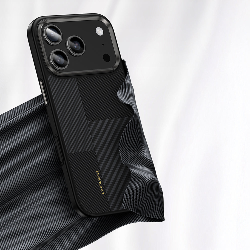 Apple iPhone 17 Pro Kılıf M-safe Şarj Özellikli Karbon Fiber Benks Montage Hybrid ArmorPro Kevlar Kapak Siyah