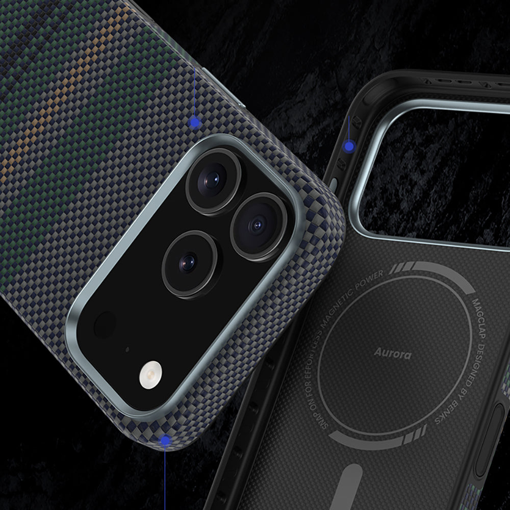 Apple iPhone 17 Pro Kılıf M-safe Şarj Özellikli Karbon Fiber Tasarımlı Benks Aurora ArmorPro Kevlar Kapak Yeşil