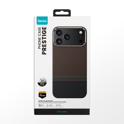 Apple iPhone 17 Pro Kılıf M-safe Şarj Özellikli Karbon Fiber Tasarımlı Benks Prestige ArmorPro Kevlar Kapak Gold