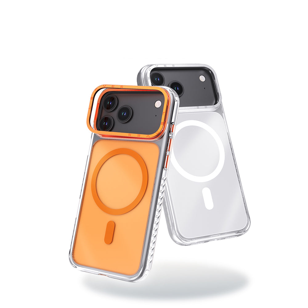 Apple iPhone 17 Pro Kılıf M-safe Şarj Özellikli Metal Kamera Çerçeveli Airbag Tasarımlı Lenyes CK221 Sert PC Kapak Turuncu