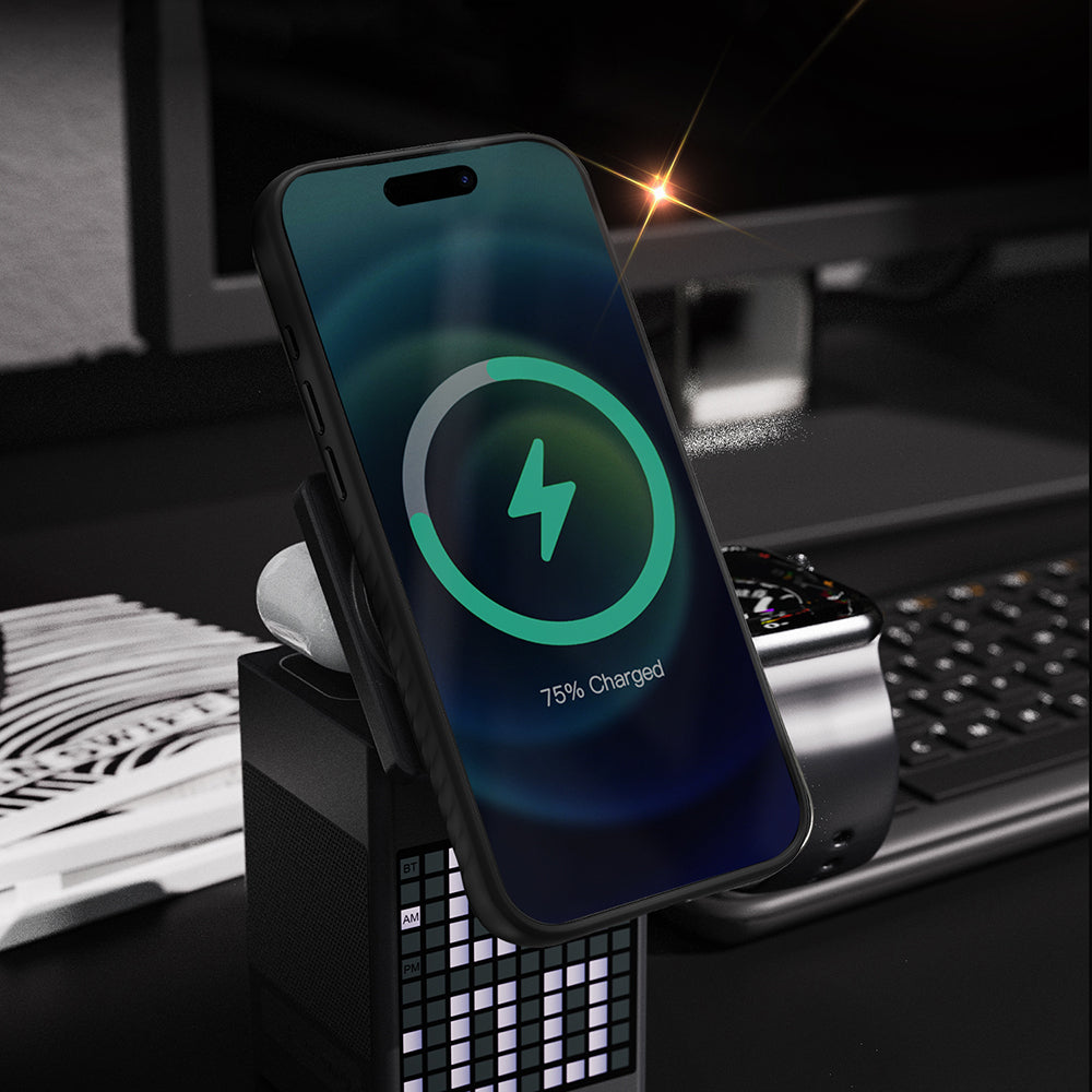 Apple iPhone 17 Pro Kılıf M-safe Şarj Özellikli Metal Standlı Lenyes CK225 Kevlar Kapak Siyah