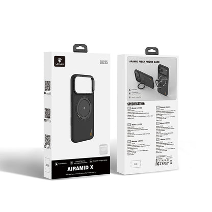 Apple iPhone 17 Pro Kılıf M-safe Şarj Özellikli Metal Standlı Lenyes CK225 Kevlar Kapak Siyah