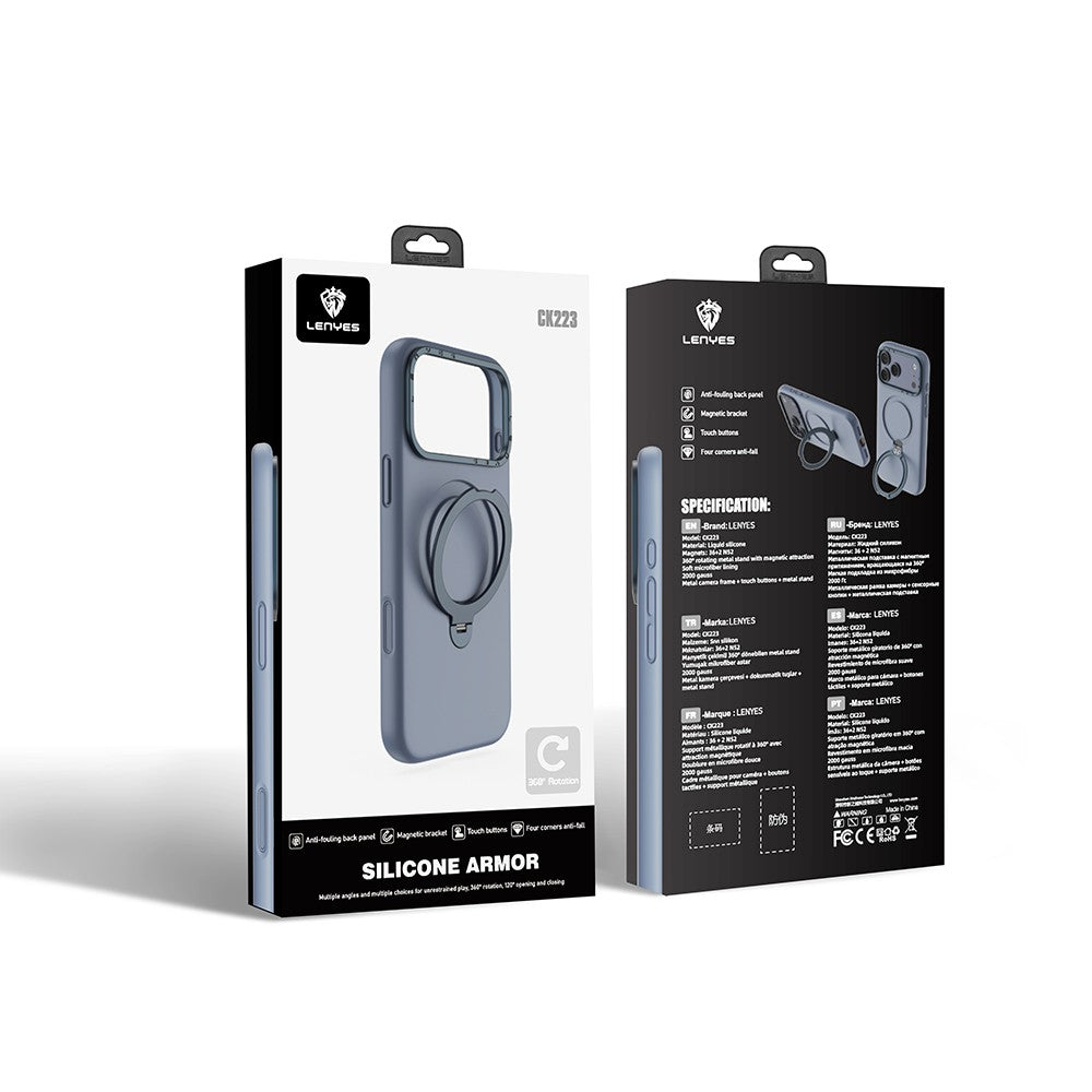 Apple iPhone 17 Pro Kılıf M-safe Şarj Özellikli Metal Standlı Sıvı Silikon Lenyes CK223 Kapak