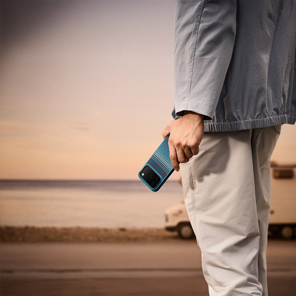 Apple iPhone 17 Pro Kılıf M-safe Şarj Özellikli Pitaka Tactile Woven Sunset-Moonrise Aramid Pro Guard Serisi Kapak Mavi