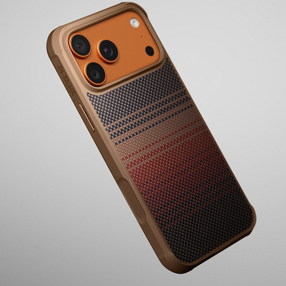 Apple iPhone 17 Pro Kılıf M-safe Şarj Özellikli Pitaka Tactile Woven Sunset-Moonrise Aramid Pro Guard Serisi Kapak Kahverengi
