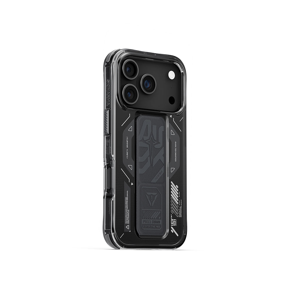 Apple iPhone 17 Pro Kılıf M-safe Şarj Özellikli Teknoloji Desenli Skinarma Helio Mag Charge Standlı Kapak Füme