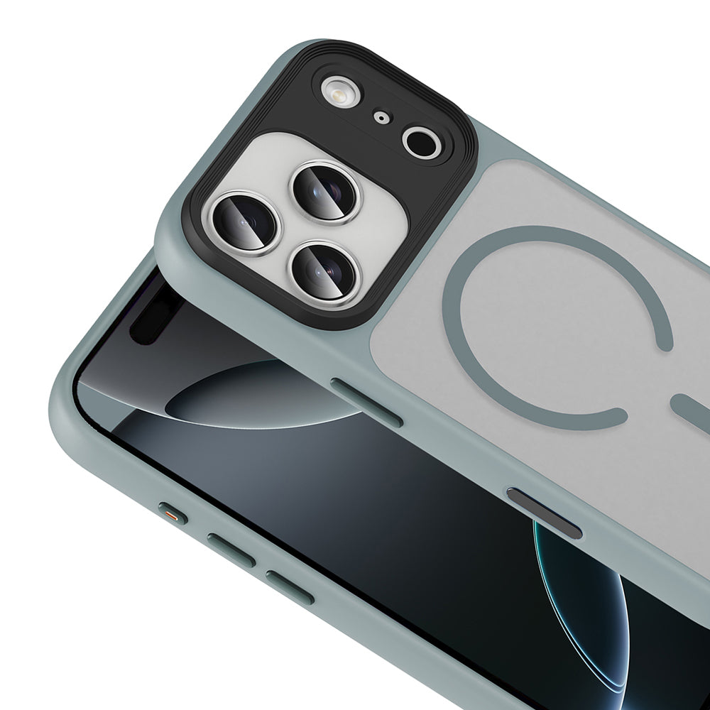 Apple iPhone 17 Pro Kılıf Mat Arka Yüzey Wireless Şarj Özellikli Zore Flet M-safe Kapak Gri