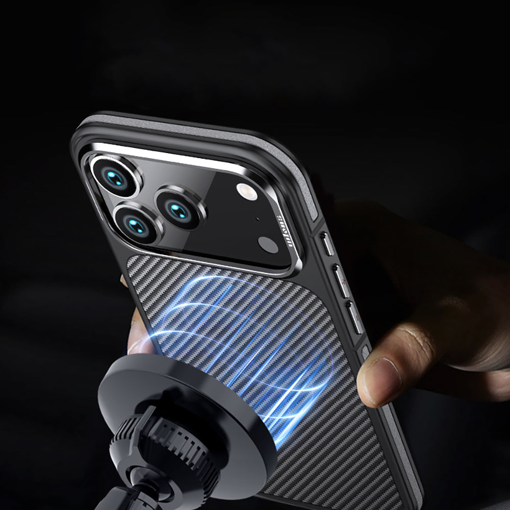 Apple iPhone 17 Pro Kılıf Mat Transparan Karbon Fiber Görünümlü Wlons Marin Kapak Siyah