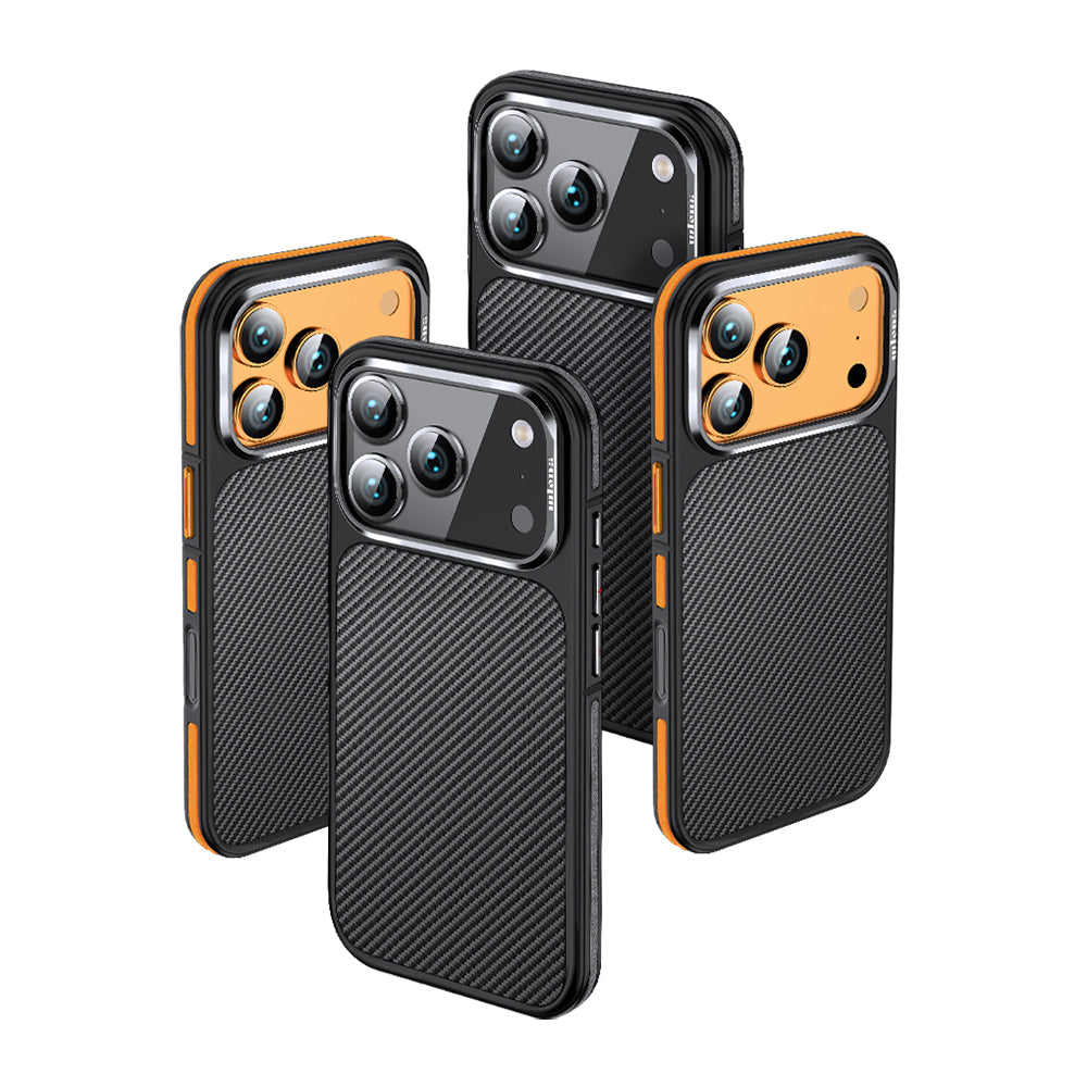 Apple iPhone 17 Pro Kılıf Mat Transparan Karbon Fiber Görünümlü Wlons Marin Kapak Turuncu