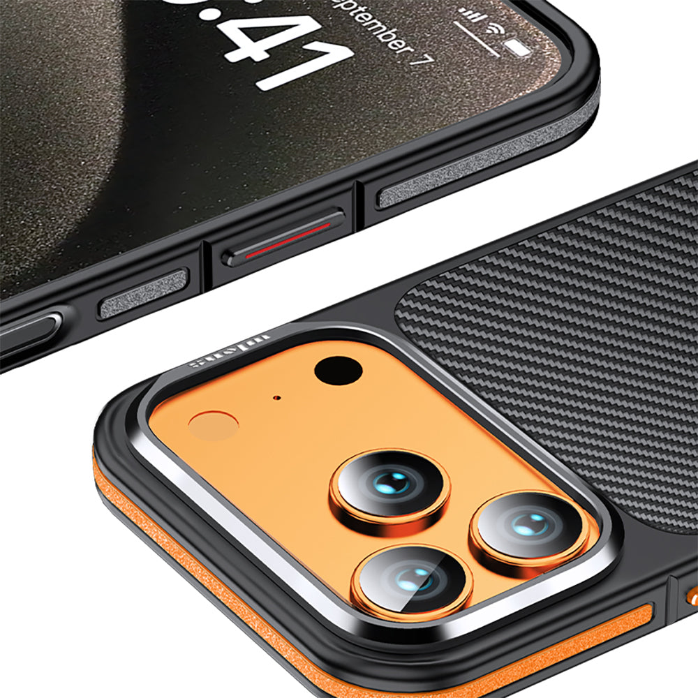 Apple iPhone 17 Pro Kılıf Mat Transparan Karbon Fiber Görünümlü Wlons Marin Kapak Turuncu