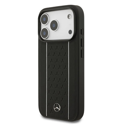 Apple iPhone 17 Pro Kılıf Mercedes Benz Orjinal Lisanslı M-safe Şarj Özellikli Şeritli Yıldız Desenli Metal Logolu Deri Kapak Siyah