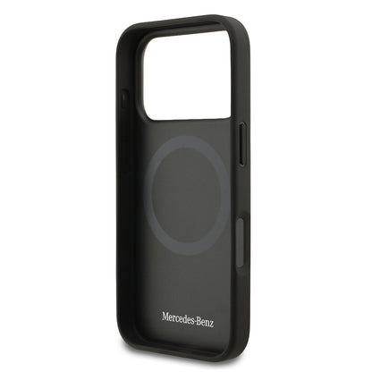 Apple iPhone 17 Pro Kılıf Mercedes Benz Orjinal Lisanslı M-safe Şarj Özellikli Şeritli Yıldız Desenli Metal Logolu Deri Kapak Siyah