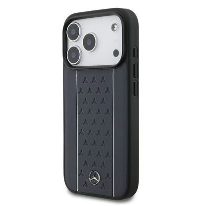 Apple iPhone 17 Pro Kılıf Mercedes Benz Orjinal Lisanslı M-safe Şarj Özellikli Şeritli Yıldız Desenli Metal Logolu Deri Kapak Lacivert