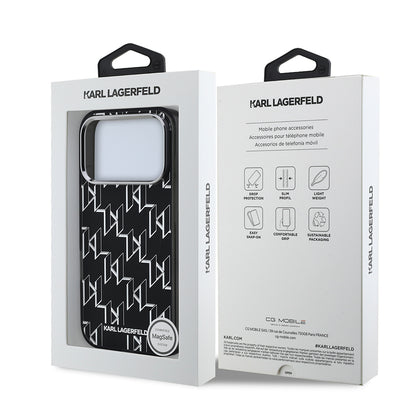 Apple iPhone 17 Pro Kılıf Orjinal Lisanslı M-safe Şarj Özellikli Karl Lagerfeld IML Baskılı Monogram Dizayn Kapak Siyah