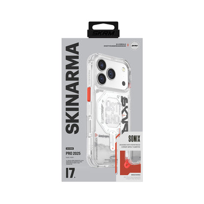 Apple iPhone 17 Pro Kılıf Skinarma M-safe Şarj Özellikli Yazı Desenli Airbag Tasarımlı Sonix Kapak Şeffaf