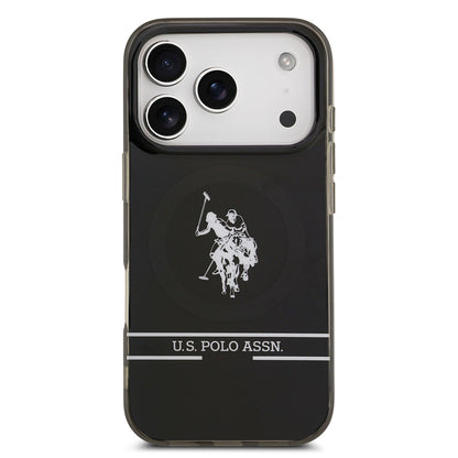 Apple iPhone 17 Pro Kılıf U.S. Polo Assn. Orjinal Lisanslı M-safe Şarj Özellikli IML Double Horse Stripe Logolu Kapak Siyah
