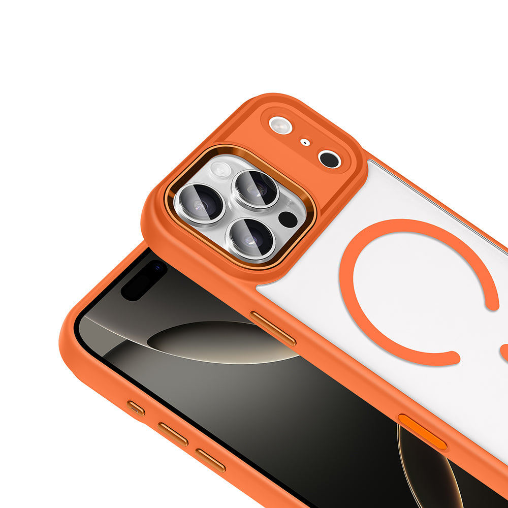 Apple iPhone 17 Pro Kılıf Wireless Şarj Özellikli Zore Krom M-safe Silikon Kapak Turuncu