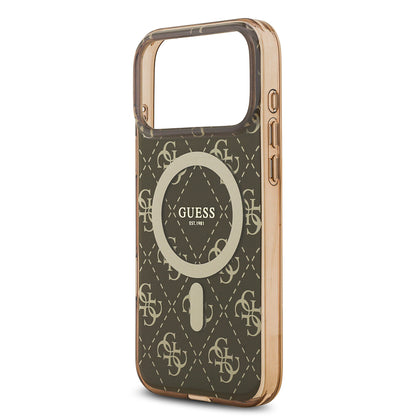 Apple iPhone 17 Pro Max Kılıf Guess Orjinal Lisanslı M-safe Şarj Özellikli IML Baskılı Klasik Logolu 4G Desenli Kapak Kahverengi