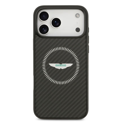 Apple iPhone 17 Pro Max Kılıf Aston Martin Orjinal Lisanslı M-safe Şarj Özellikli Karbon Fiber Kevlar Kapak Siyah
