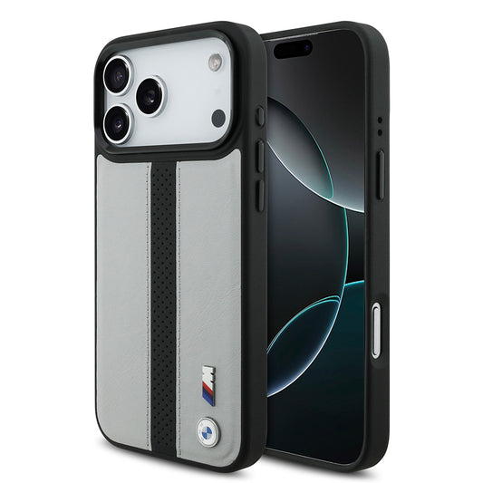 Apple iPhone 17 Pro Max Kılıf BMW Orjinal Lisanslı M-safe Şarj Özellikli Deri Arka Yüzey Metal Logolu Delikli Şerit Tasarımlı Kapak Lacivert