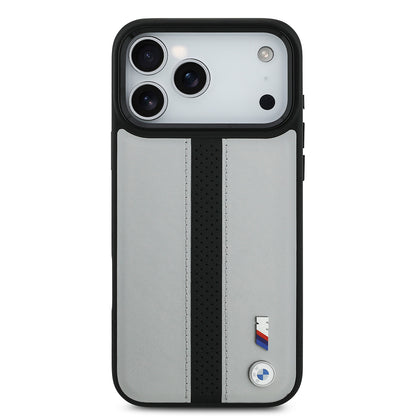 Apple iPhone 17 Pro Max Kılıf BMW Orjinal Lisanslı M-safe Şarj Özellikli Deri Arka Yüzey Metal Logolu Delikli Şerit Tasarımlı Kapak Gri