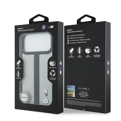Apple iPhone 17 Pro Max Kılıf BMW Orjinal Lisanslı M-safe Şarj Özellikli Deri Arka Yüzey Metal Logolu Delikli Şerit Tasarımlı Kapak Gri