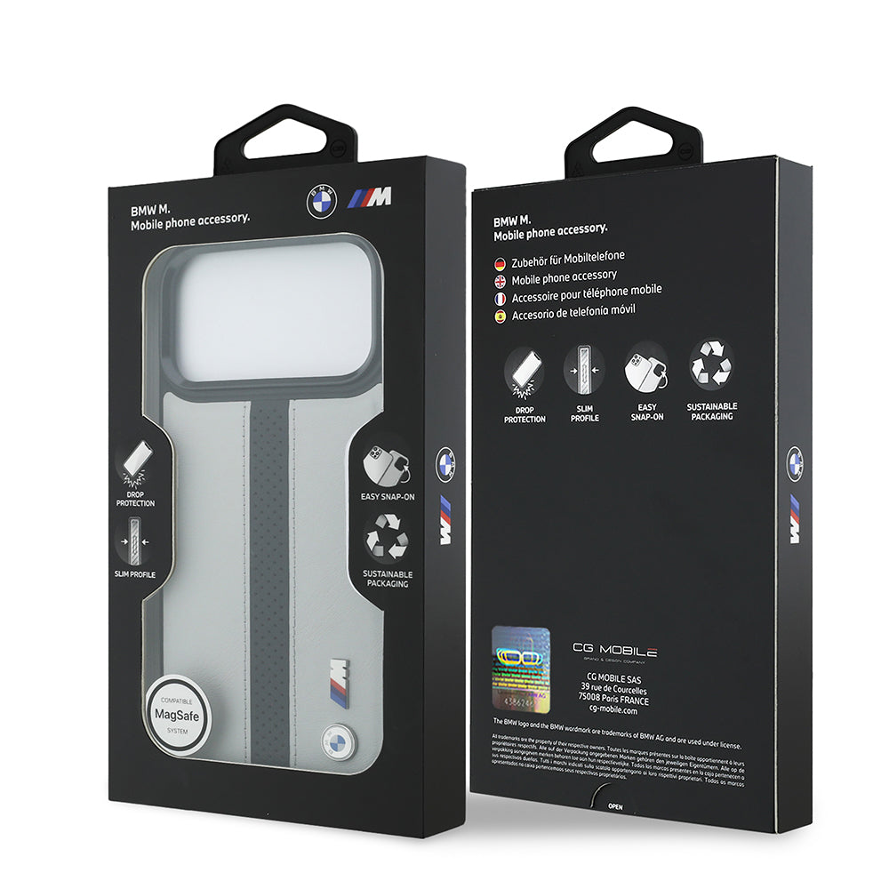 Apple iPhone 17 Pro Max Kılıf BMW Orjinal Lisanslı M-safe Şarj Özellikli Deri Arka Yüzey Metal Logolu Delikli Şerit Tasarımlı Kapak Mavi