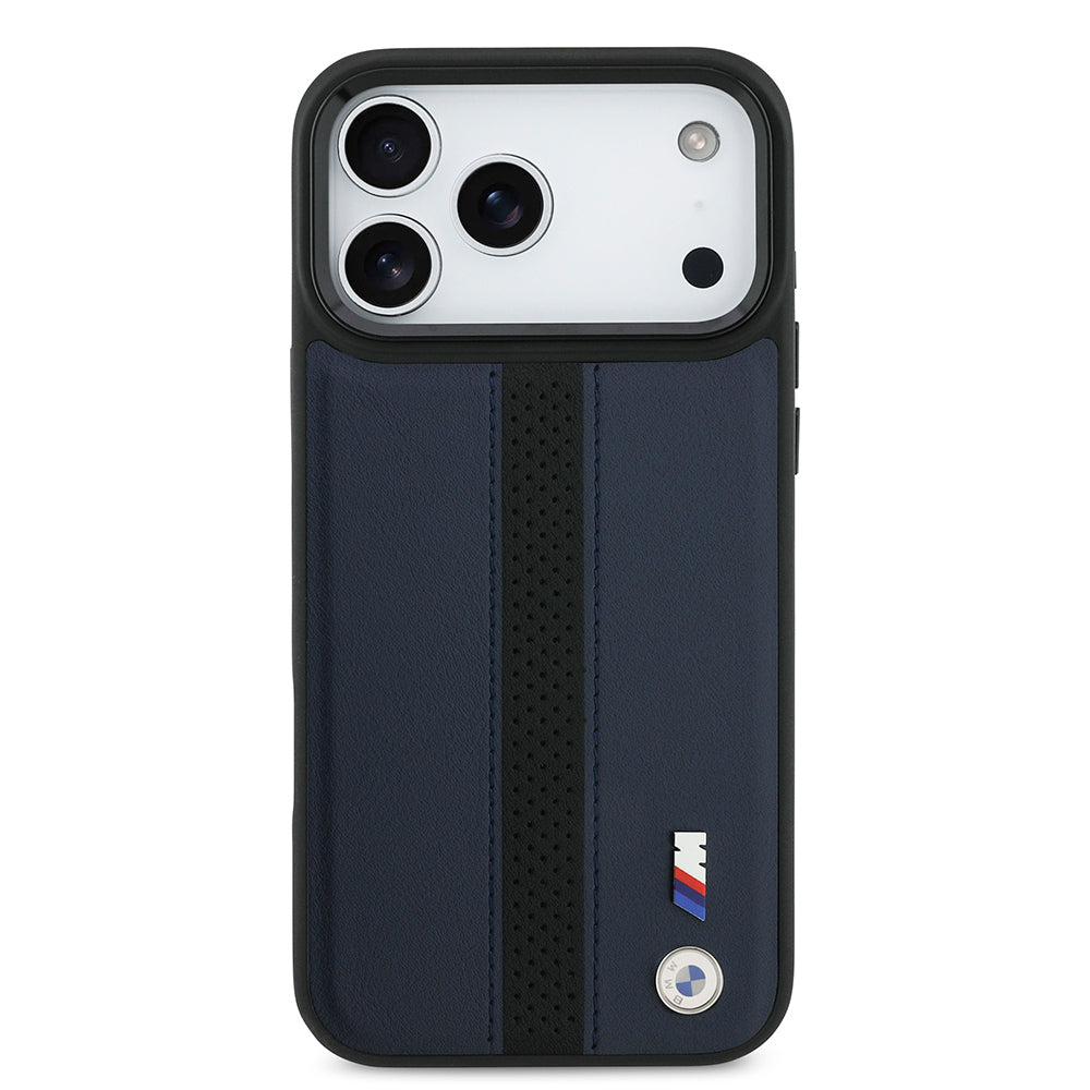 Apple iPhone 17 Pro Max Kılıf BMW Orjinal Lisanslı M-safe Şarj Özellikli Deri Arka Yüzey Metal Logolu Delikli Şerit Tasarımlı Kapak Gri