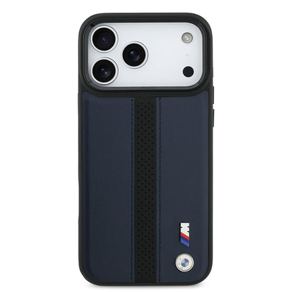 Apple iPhone 17 Pro Max Kılıf BMW Orjinal Lisanslı M-safe Şarj Özellikli Deri Arka Yüzey Metal Logolu Delikli Şerit Tasarımlı Kapak Lacivert