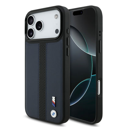 Apple iPhone 17 Pro Max Kılıf BMW Orjinal Lisanslı M-safe Şarj Özellikli Deri Arka Yüzey Metal Logolu Delikli Şerit Tasarımlı Kapak Lacivert
