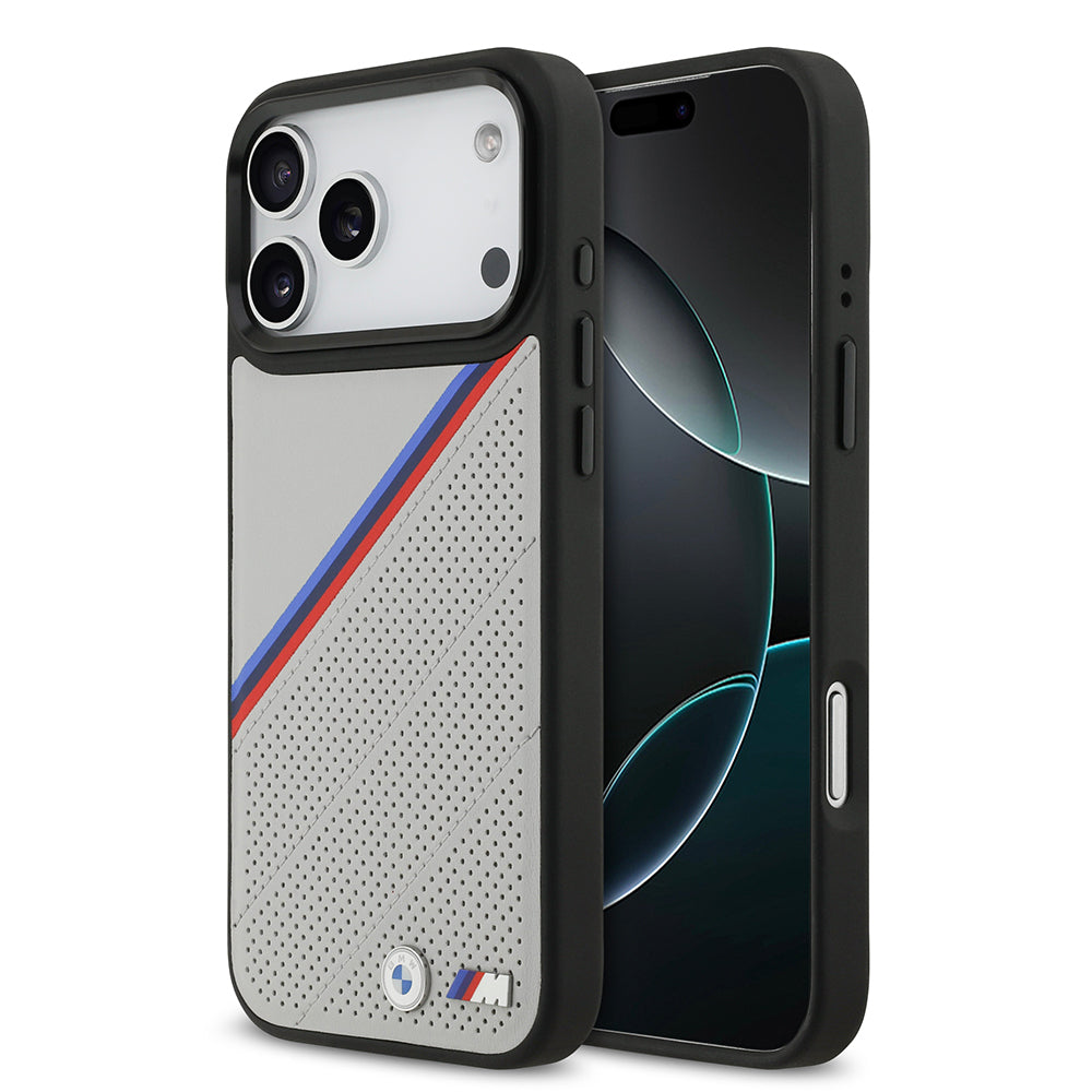 Apple iPhone 17 Pro Max Kılıf BMW Orjinal Lisanslı M-safe Şarj Özellikli M Logolu Üç Şeritli Delikli Deri Kapak