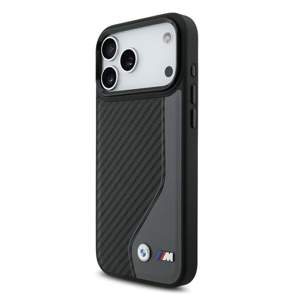 Apple iPhone 17 Pro Max Kılıf BMW Orjinal Lisanslı M-safe Şarj Özellikli Metal BMW ve M Logolu PU Karbon Tasarımlı Kapak Siyah
