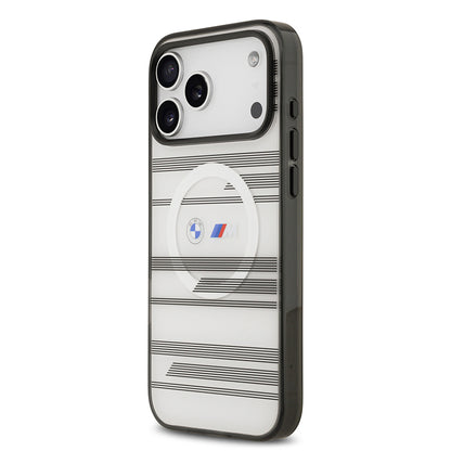 Apple iPhone 17 Pro Max Kılıf BMW Orjinal Lisanslı M-safe Şarj Özellikli Metal Kamera Butonlu Yatay Şeritli M Dizayn Kapak Mavi