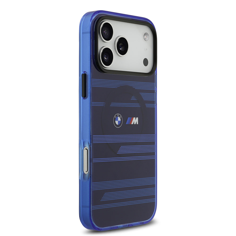 Apple iPhone 17 Pro Max Kılıf BMW Orjinal Lisanslı M-safe Şarj Özellikli Metal Kamera Butonlu Yatay Şeritli M Dizayn Kapak Mavi