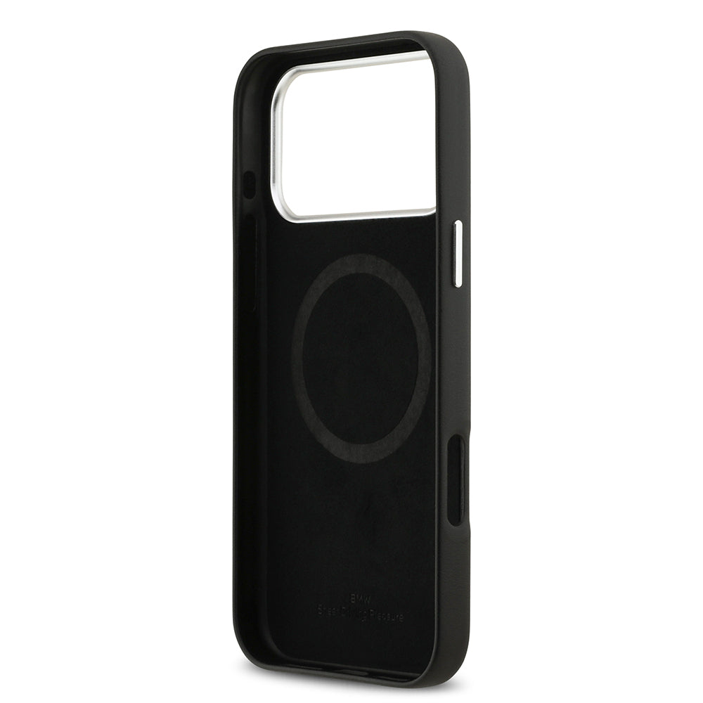 Apple iPhone 17 Pro Max Kılıf BMW Orjinal Lisanslı M-safe Şarj Özellikli Metal Logolu Tam Kaplama Deri Kapak Gri